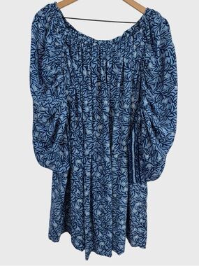 Natalie Martin Blue Silk Gathered Sleeve Abstract Print Oversized Mini Dress